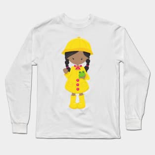 African American Girl, Raincoat, Rain, Boots, Frog Long Sleeve T-Shirt